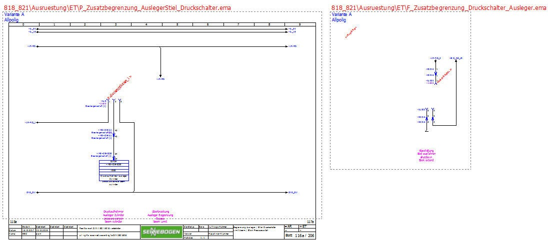 Für Baugruppen und Komponenten wie z.B. Druckschalter wurden die Elektroschaltpläne als Makro im EEC hinterlegt. © SENNEBOGEN Maschinenfabrik GmbH