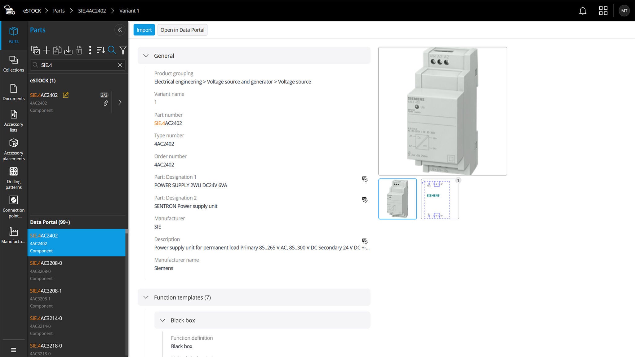 Un composant ouvert dans le portail de données Eplan peut être importé dans eStock en un ou deux clics.