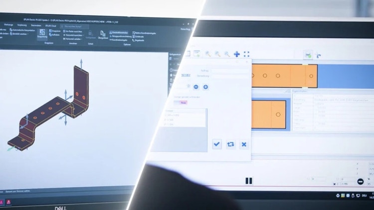 Uma barra de cobre planejada à esquerda no Eplan Electric P8, à direita no terminal Ehrt Machine.