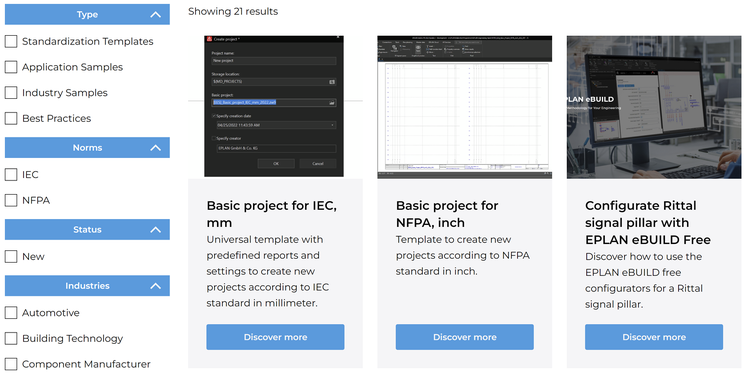 Com o Eplan Engineering Standard, os usuários podem baixar modelos, amostras de aplicativos e melhores práticas e usá-los imediatamente em seu trabalho diário.