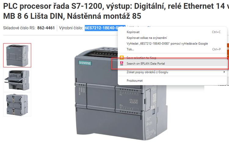 kontextove menu EPLAN Data Portal rozsireni Chrome
