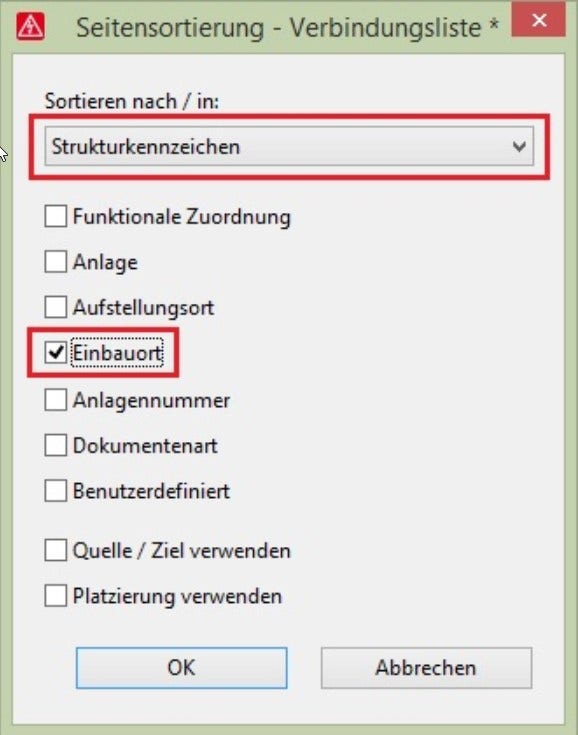 Ein Screenshot aus der Eplan Software. Zu sehen ist das Pop-Up-Fenster "Seitensortierung - Verbindungsliste". Dort wird in Strukturkennzeichen nach dem Einbauort sortiert.