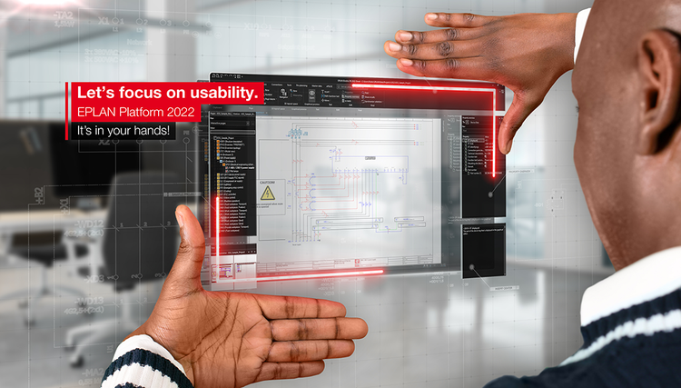 Ein Bild, das eine Person zeigt, die mit ihren Händen einen digitalen Screenshot in der Luft einrahmt. Der Screenshot zeigt eine technische Zeichnung innerhalb der Software Version Eplan Plattform 2022.