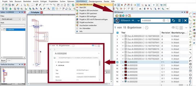 Über den 3DX-Browser oben in der horizontalen Menüleiste in Eplan aktivieren Eplan Nutzer den Konnektor und haben sofort Zugriff auf 3DExperience von Dassault Systèmes.