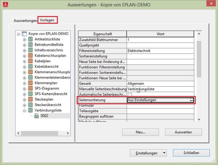Ein Screenshot aus der Eplan Software. Zu sehen ist das Pop-Up-Fenster "Auswertung - Kopie" von Eplan-Demo. In diesem Fenster sieht man das Feld Vorlagen und darunter die Eigenschaft Seitensortierung und den Wert Aus Einstellungen rot markiert.