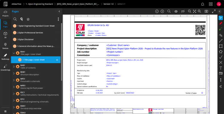 Der Eplan Project-Viewer zeigt ein Projektdatenblatt an.