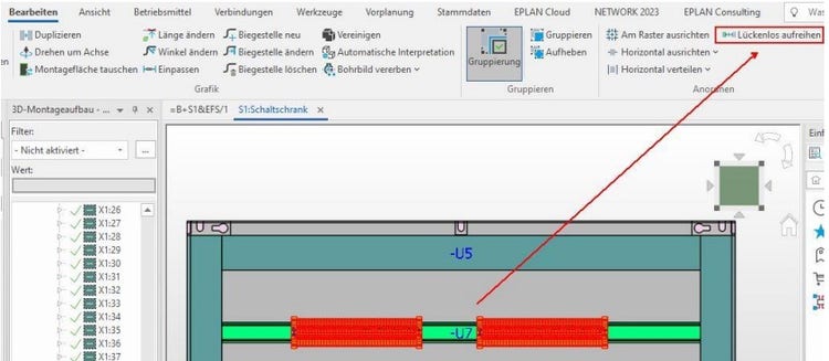 Screenshot Eplan pro Panel Befehl Lückenlos aufreihen
