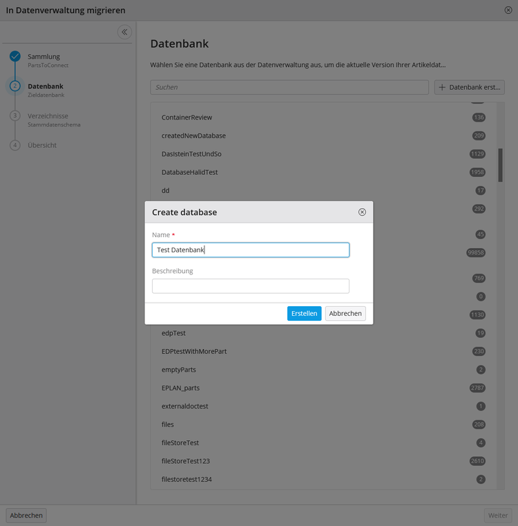Erstellen Sie bei der Migration Ihrer Datenverwaltung (ehemals eManage und eStock) eine neue Ziel-Datenbank.