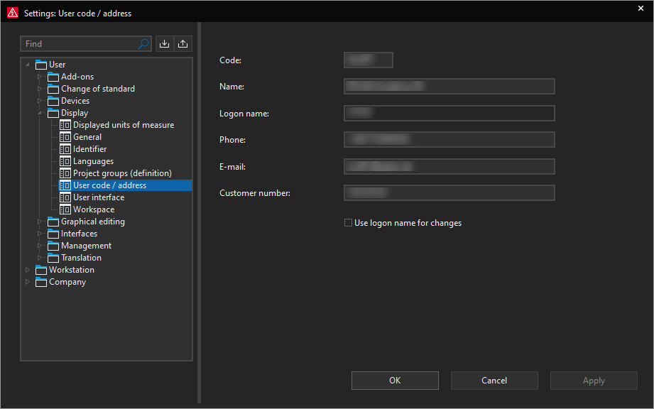 Settings: User Code / Address