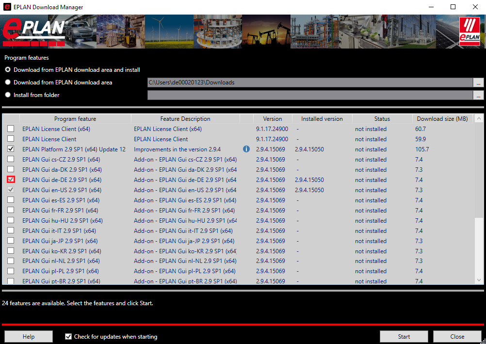 Beispiel:  Sprachpaket Deutsch: "EPLAN Gui de-DE 2.9 SP1 (x64)".