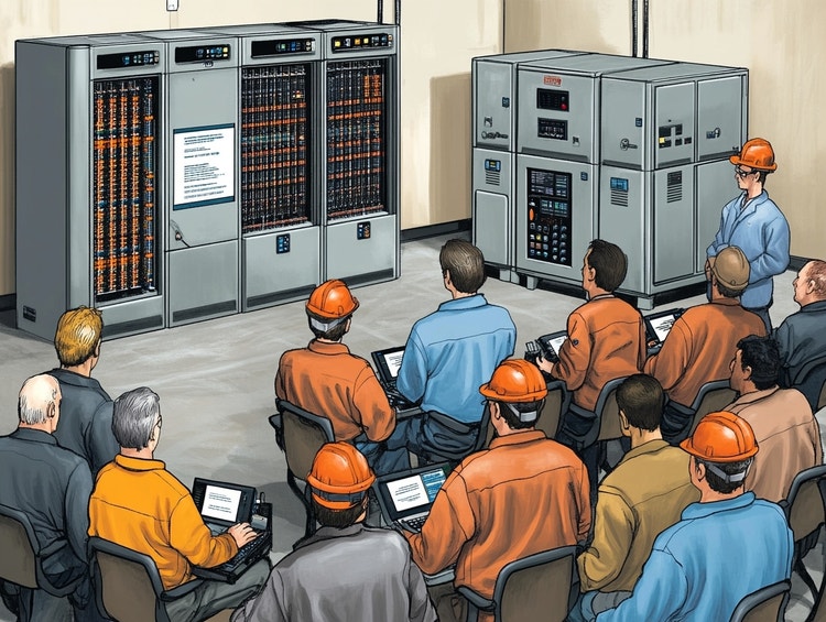 AI Gegenereerd beeld: fictieve setting van groep engineers doe instructies opvolgt