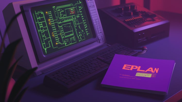 Header afbeelding van vintage Eplan software op een ouderwetse computer. AI-gegenereerd beeld.