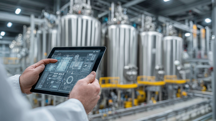 Voedselbewerkingsmachines op de achtergrond, tablet met digitale engineeringssoftware zichtbaar.