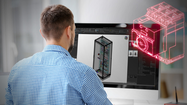 Digitale 3D-weergave van een schakelkastontwerp in Eplan Pro Panel, met componenten en bedrading virtueel geplaatst voor efficiënte montage.
