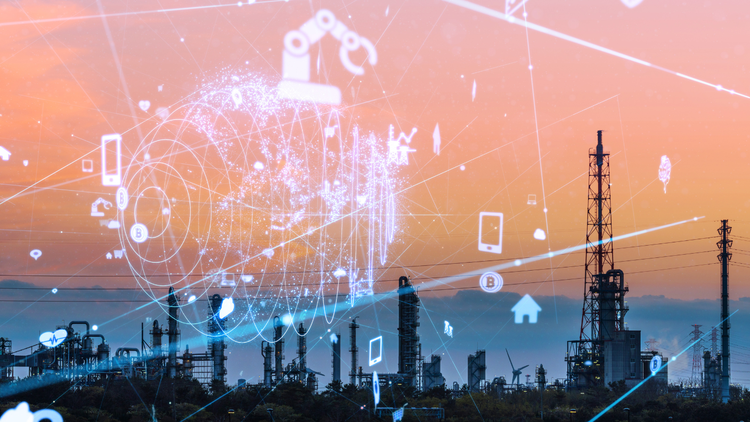 Moderne stadsskyline die symbool staat voor digitalisering, connectiviteit en Smart Industry in de maakindustrie.