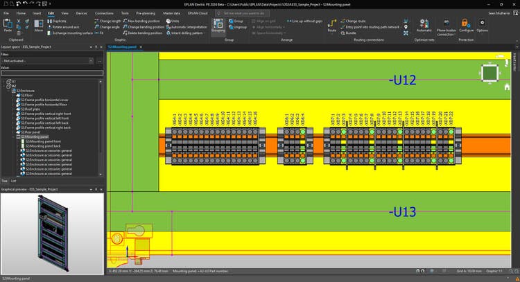 Screenshot Eplan Pro Panel 2024 Beta: Gaps on the DIN panel are filled automatically