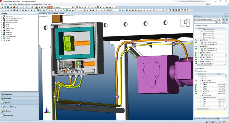 Eplan Harness proD application open on a computer, showing a wiring harness design workspace.